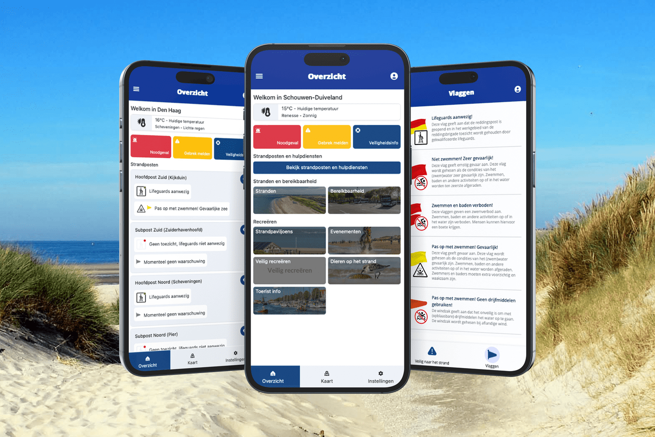 Afbeelding van drie telefoons met daarop een screenshot van de strand app