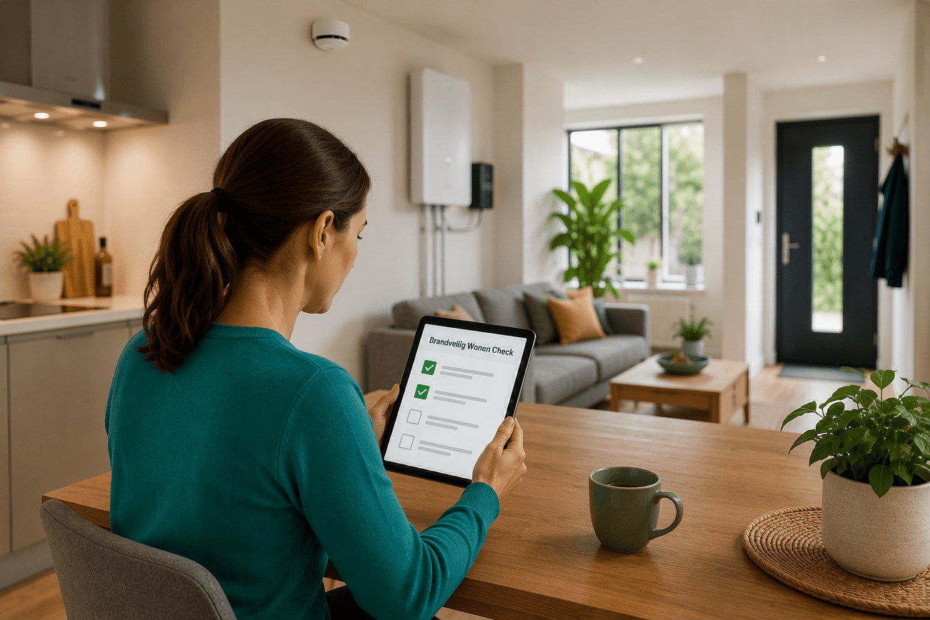 Vrouw met tablet in hand en ziet een checklist van de Brandveilig Wonen Check